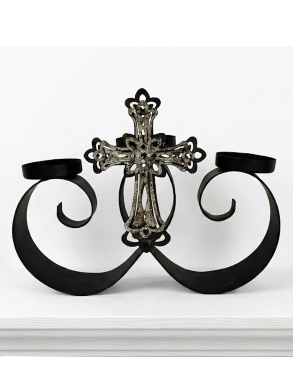Artisan Jeweled Cross Multi Votive Candelabra Candle Holder Primitive Vintage